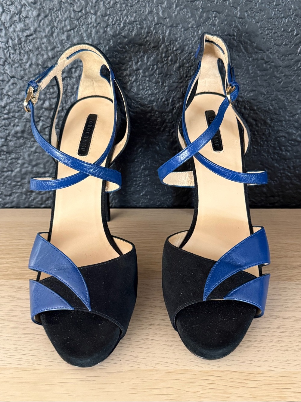 Longchamp suede leather straps heels sandals blue black-40 - Picture 3 of 8